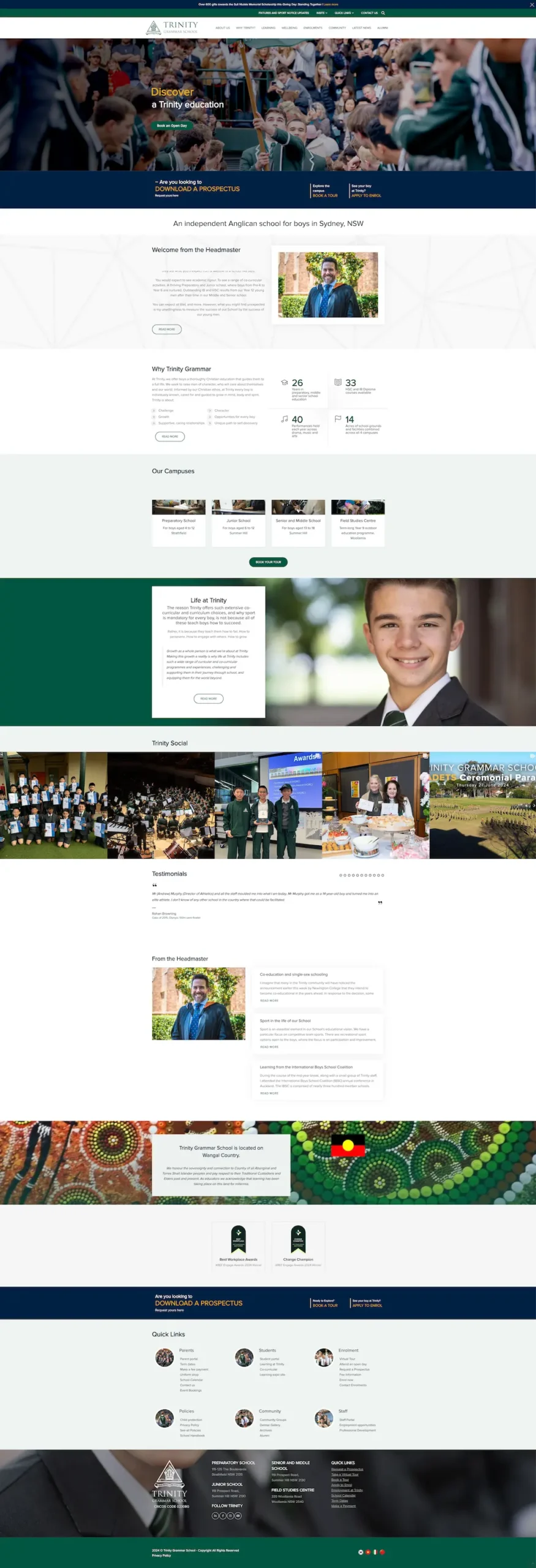 Trinity school website full-page design